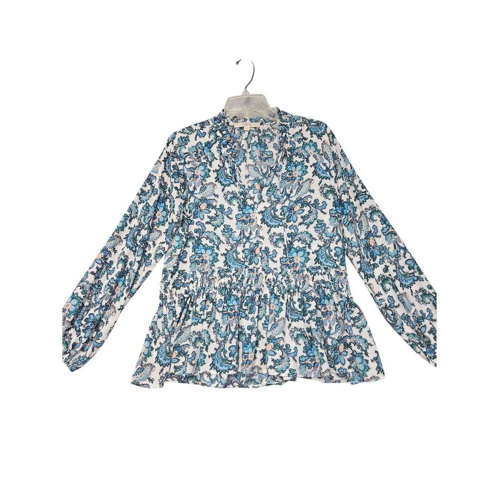 LOFT Women Blue Paisley Floral Peplum Blouse Ruffle Split Neck Long Sleeve S